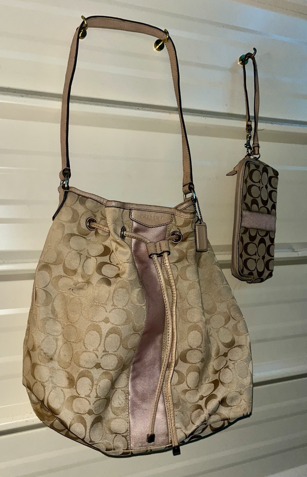 Coach Beige Pink Monogram Bucket Shoulder Bag Drawstring, Zip Wristlet, Gold