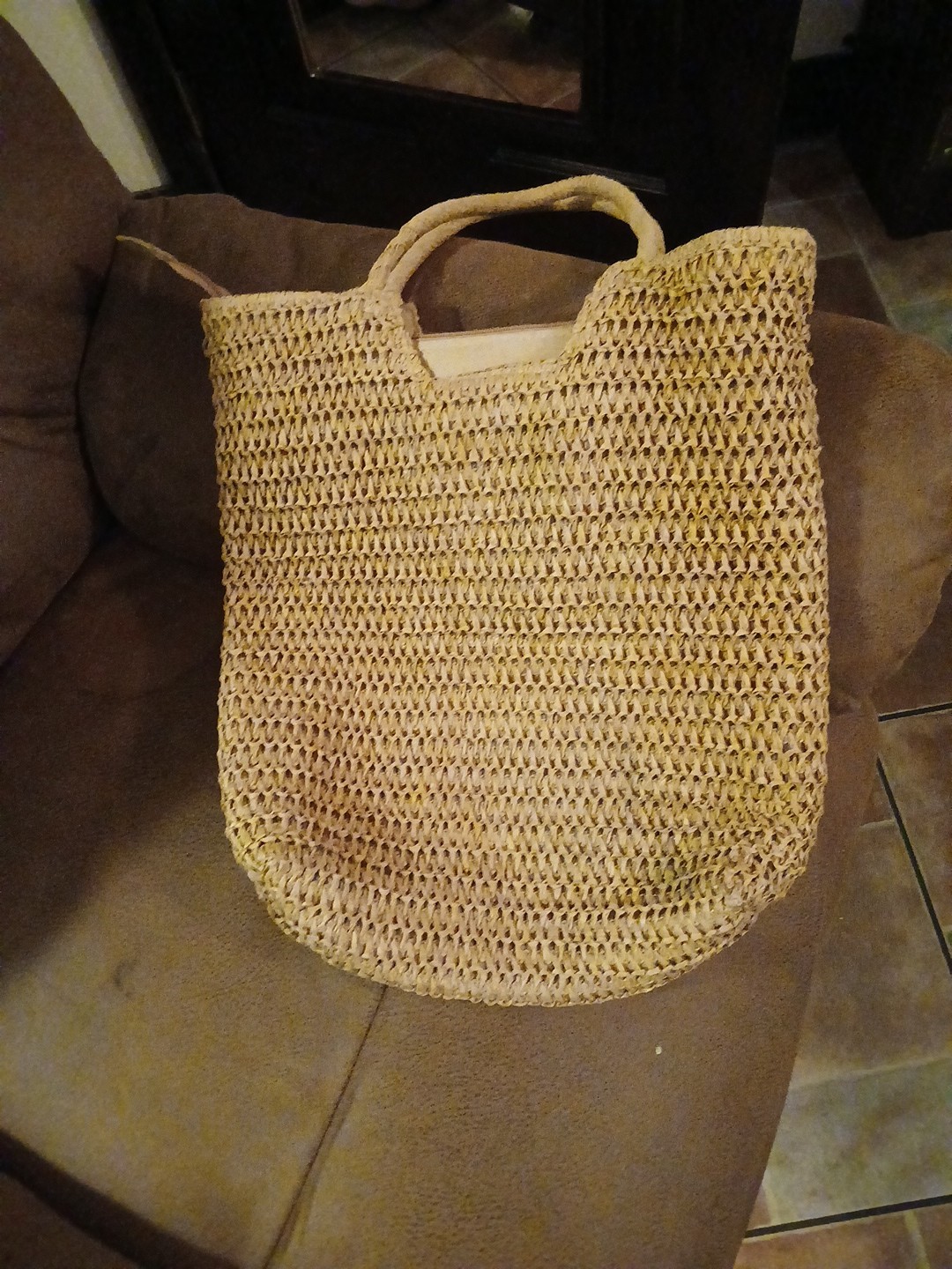 Ratan, Straw Woven Large Zippered Tote Bag, Natural Brown Lined Inside Pocket