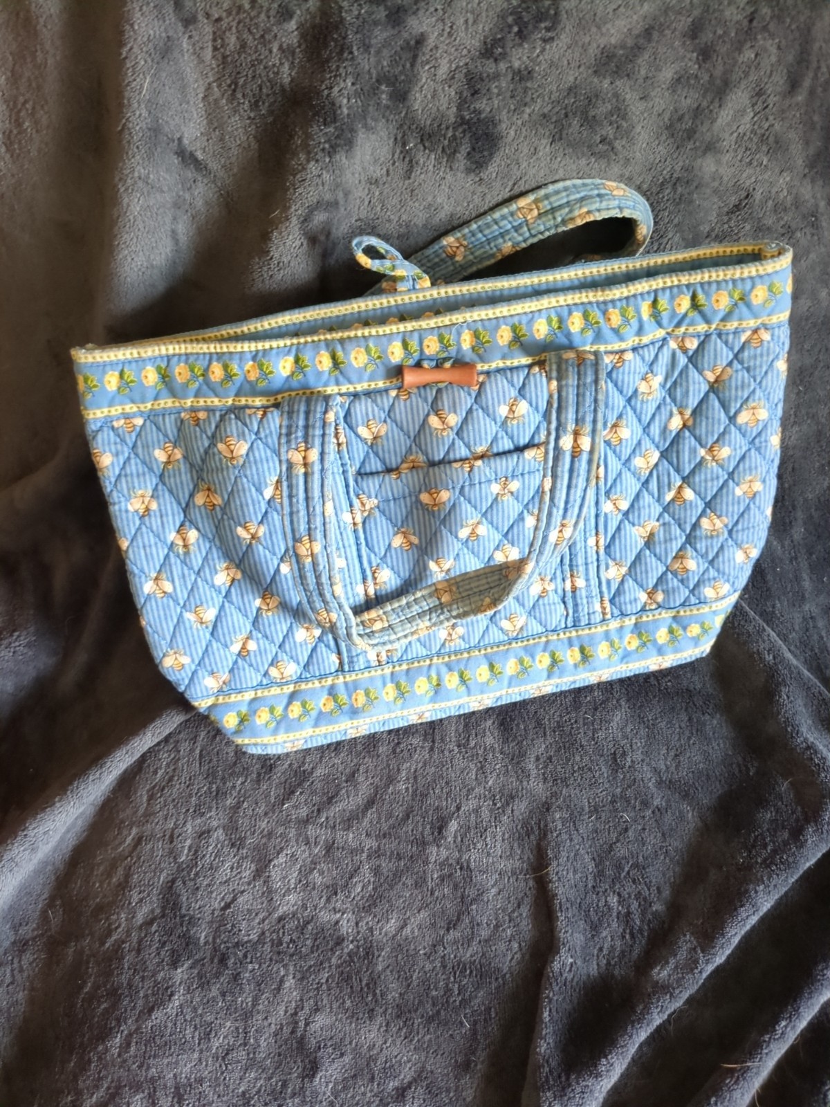 Vintage Vera Bradley BEES Quilted Tote Bag Blue Stripe Yellow Rose Rare Retired