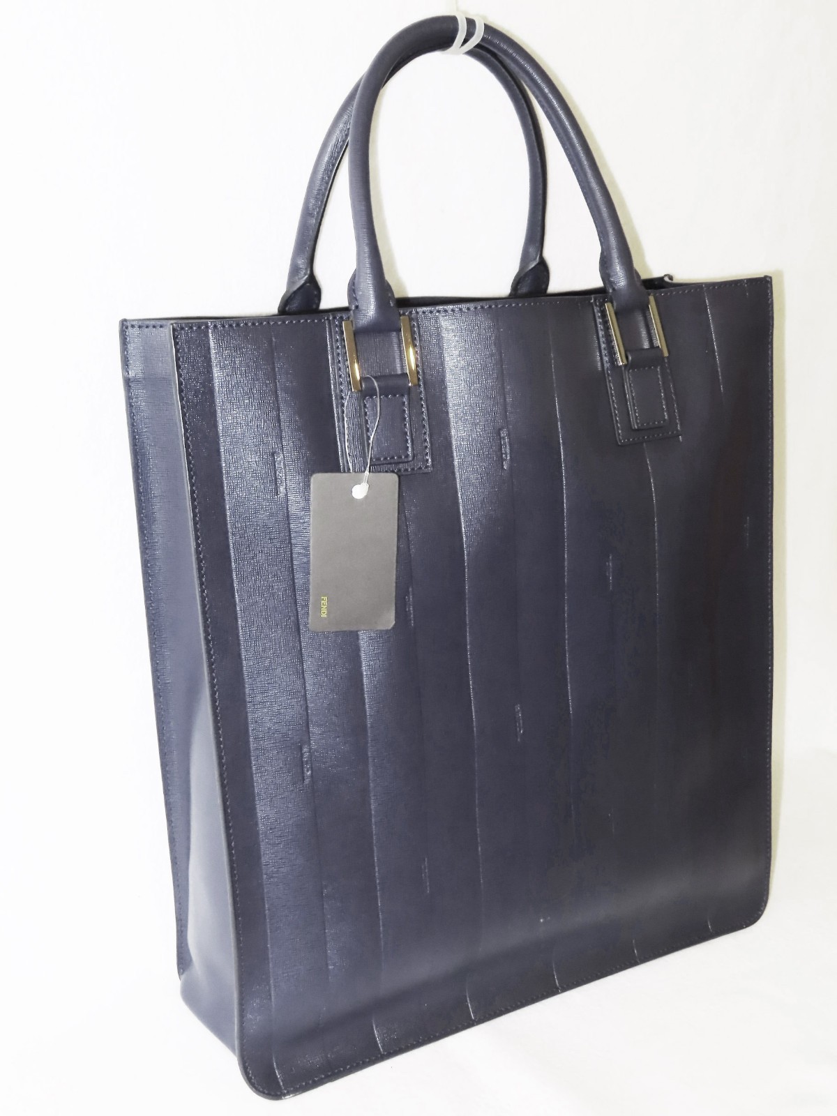 FENDI Sophisticated PEQUIN NAVY LEATHER LOGO TOTE Men/Women Unisex NWT $1560