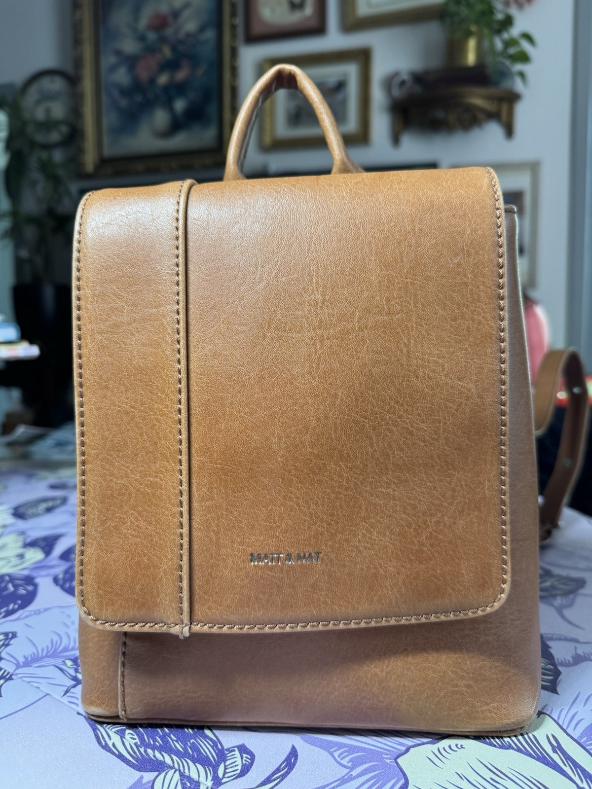 Matt & Nat Cognac Brown Vegan Leather Flap Backpack Adjustable Straps