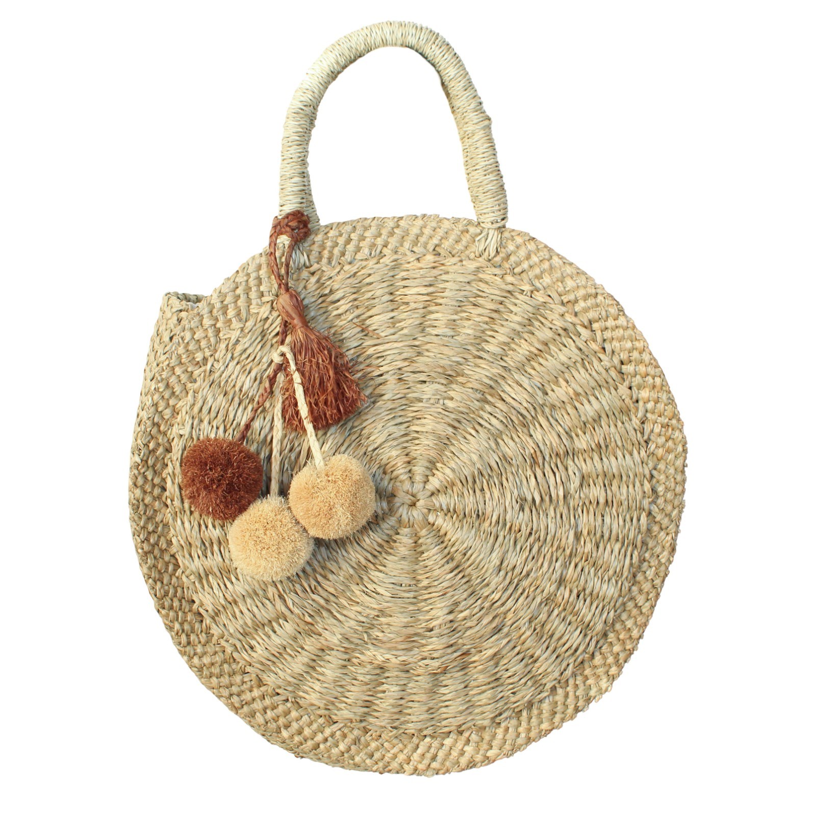 NWT Eco Handcraft Balinese Round Grass Tote Bag Pom Pom Boho Beach 14in