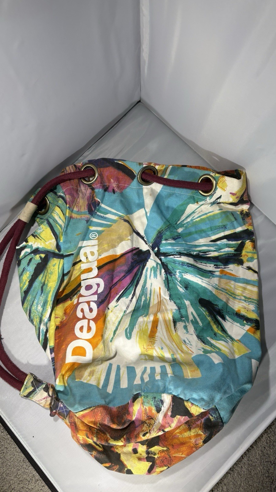 Desigual Women’s Multicolor Abstract Bucket Bag Drawstring Burgundy Strap Gold