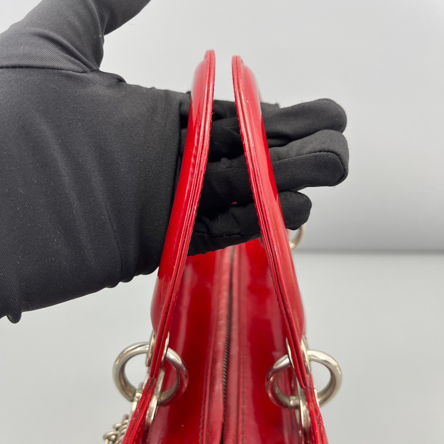 AUTH DIOR Lady Dior Medium Red Patent Leather Top Handle Bag.