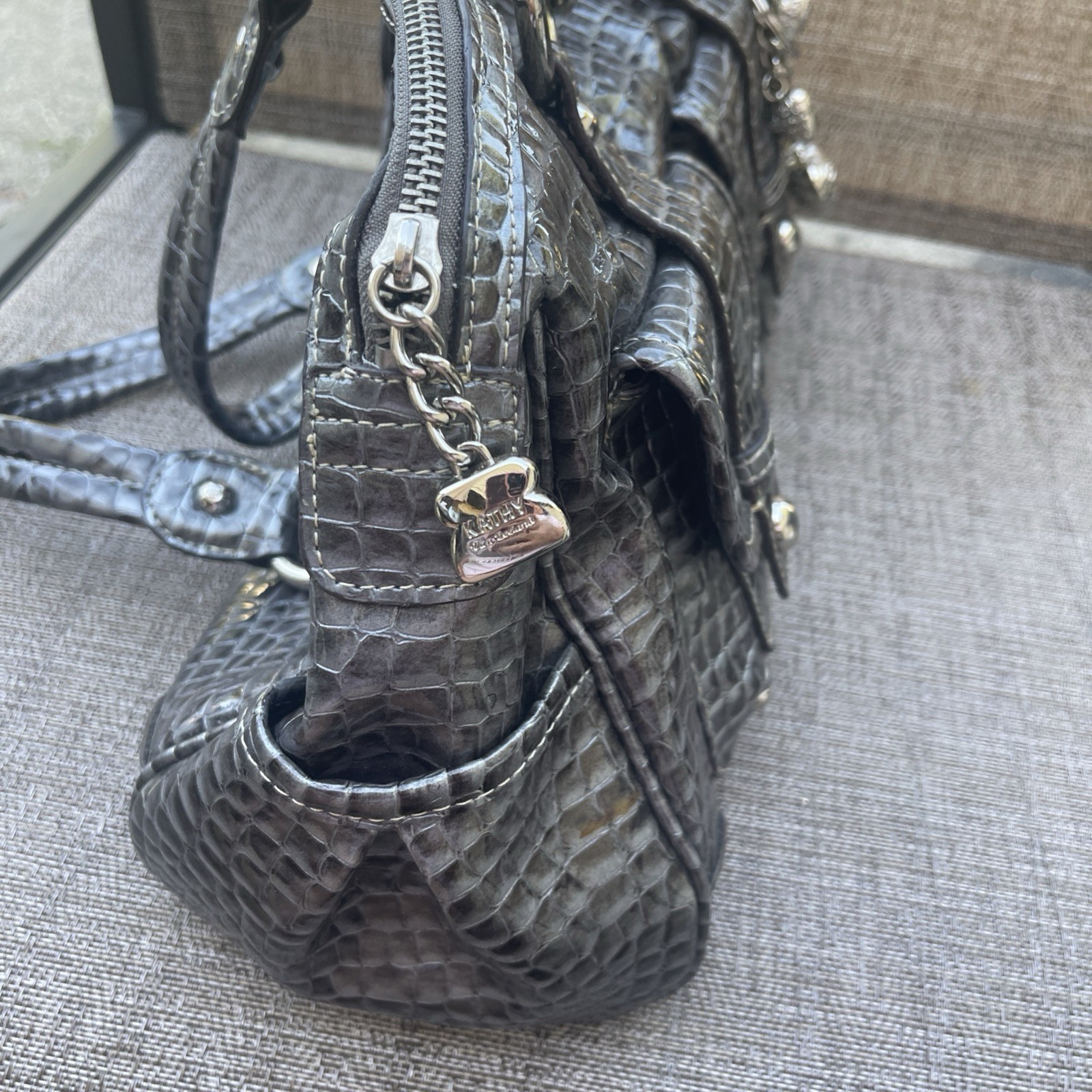 Kathy Van Zealand Y2K Faux Leather Snakeskin Shoulder Bag Women Dark Gray Purse