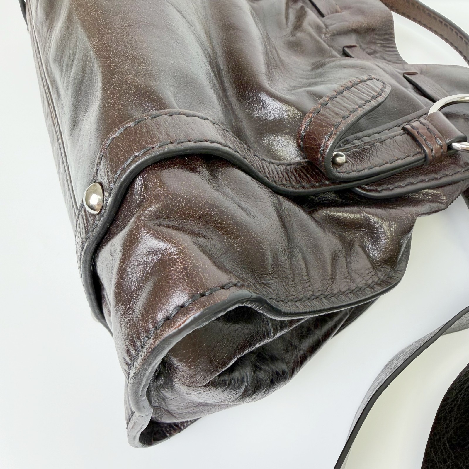 MIU MIU Vitello Lux Gathered Brown Leather Shoulder Handbag Vintage