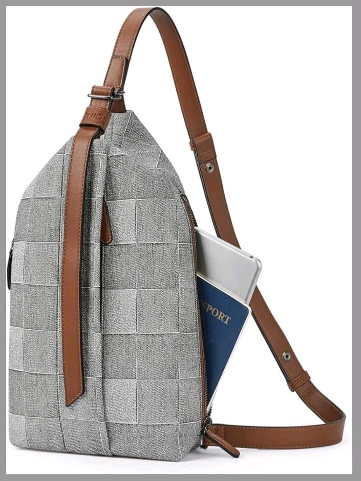 CLUCI Sling Bag Cross Body Fits 9 in iPAD Tablet Gray Plaid Brown Strap