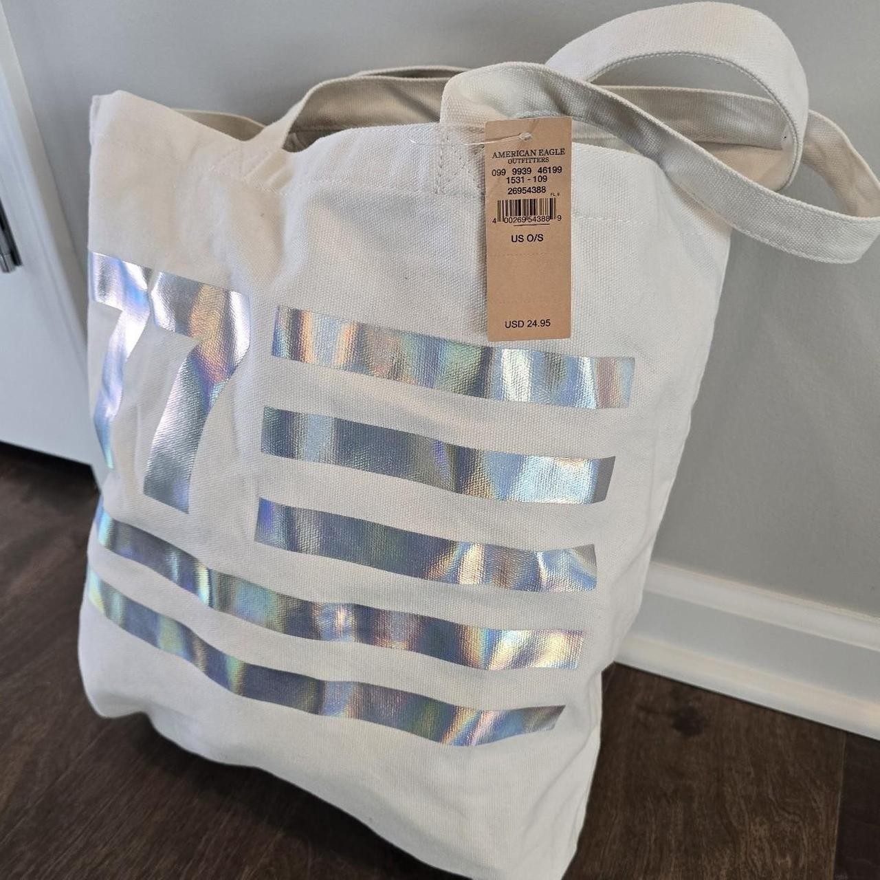 American Eagle Outfitters Holographic Canvas Cream Tote Shoulder Bag
