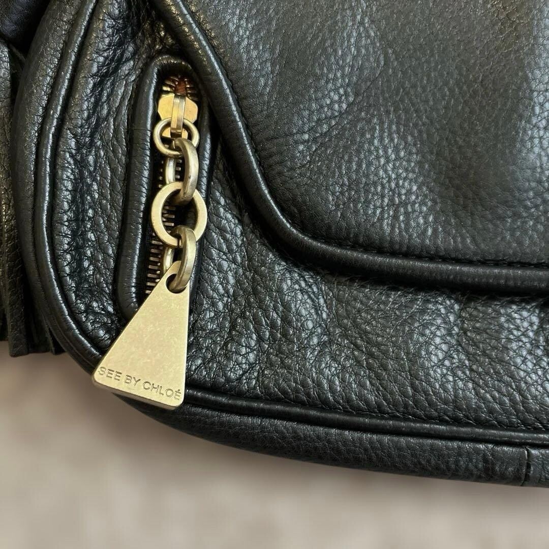 SEE BY CHLOE Black Shoulder Bag Tassel Gold Hardware Adjustable Strap Auth