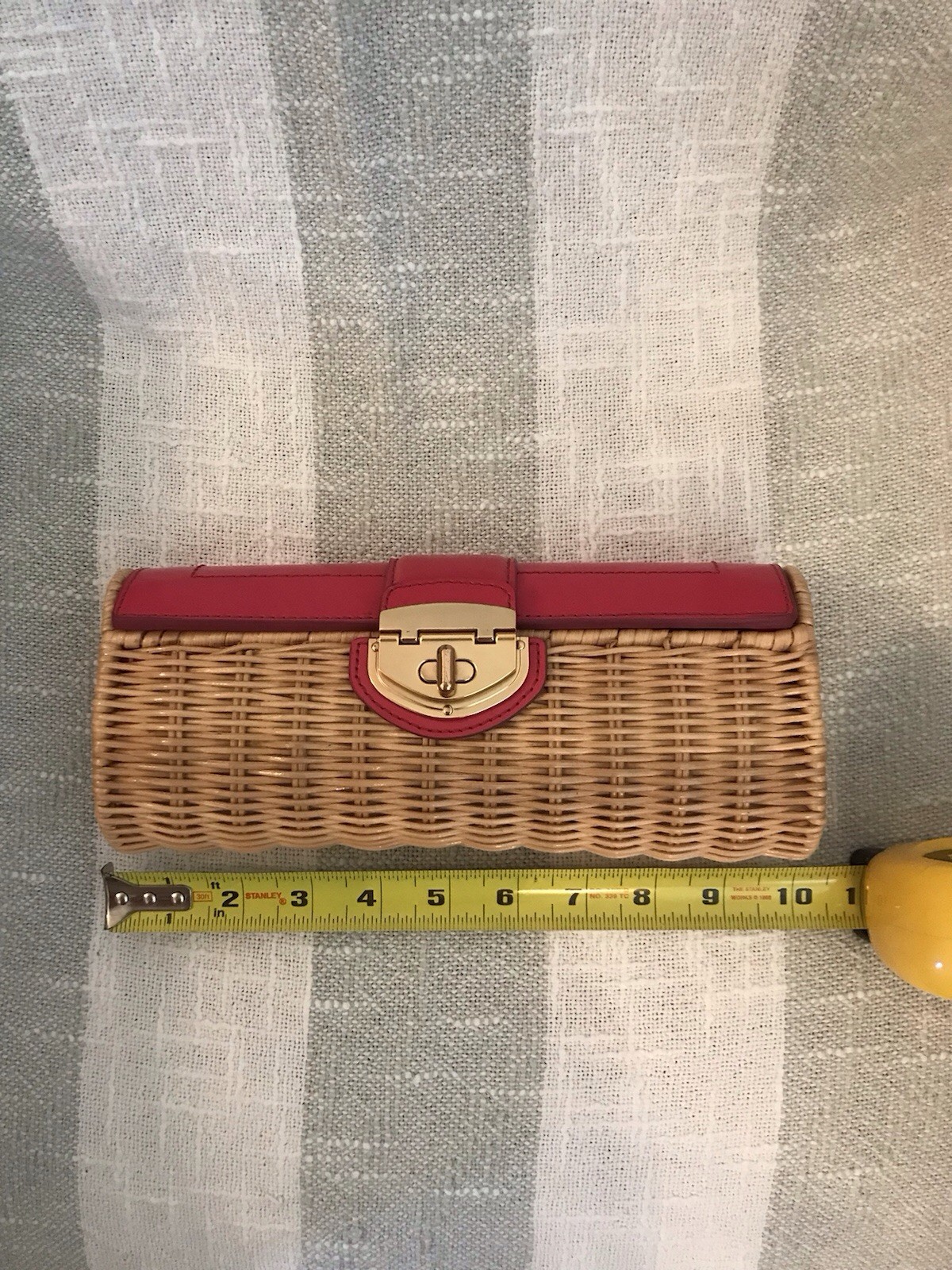 Tan & Hot Pink Woven Rectangle Clutch with Gold Hardware Turn Lock Closure