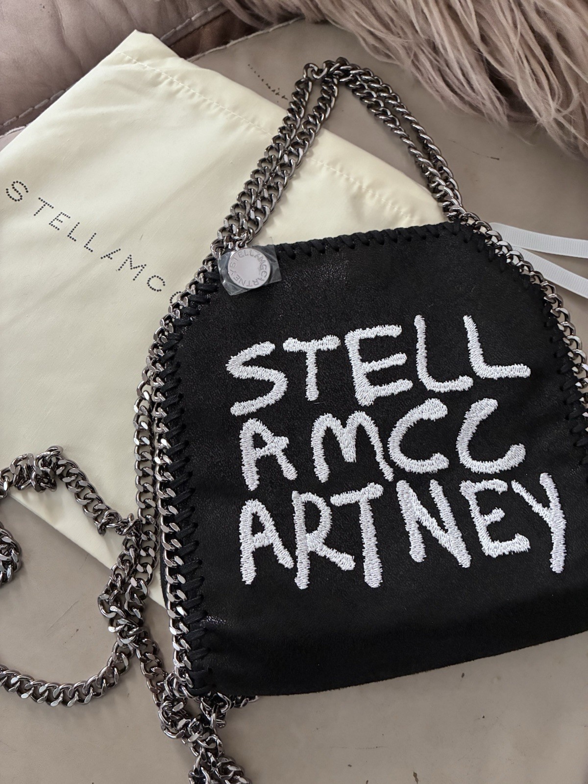Stella McCartney Black Small Logo Embroidered Chain Strap Shoulder Bag Dust Bag