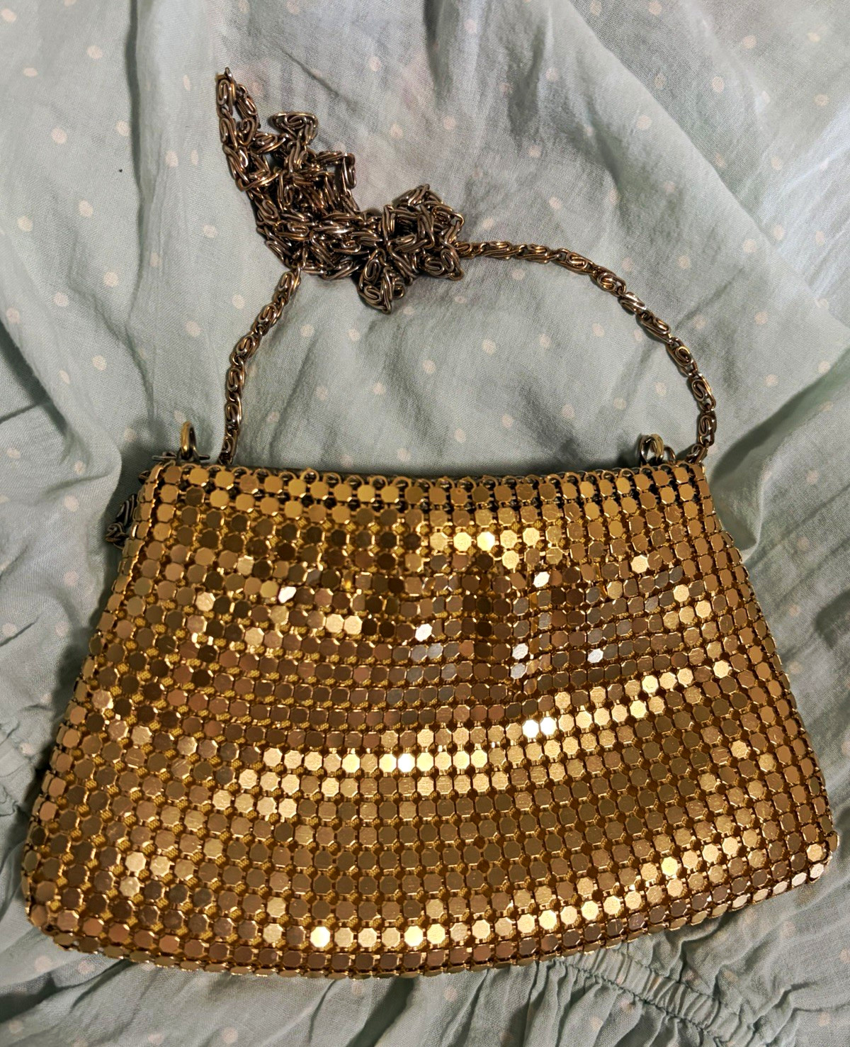 Gold Tone Metal Mesh Zip Top Small Shoulder Bag Lined Detachable Chain Strap