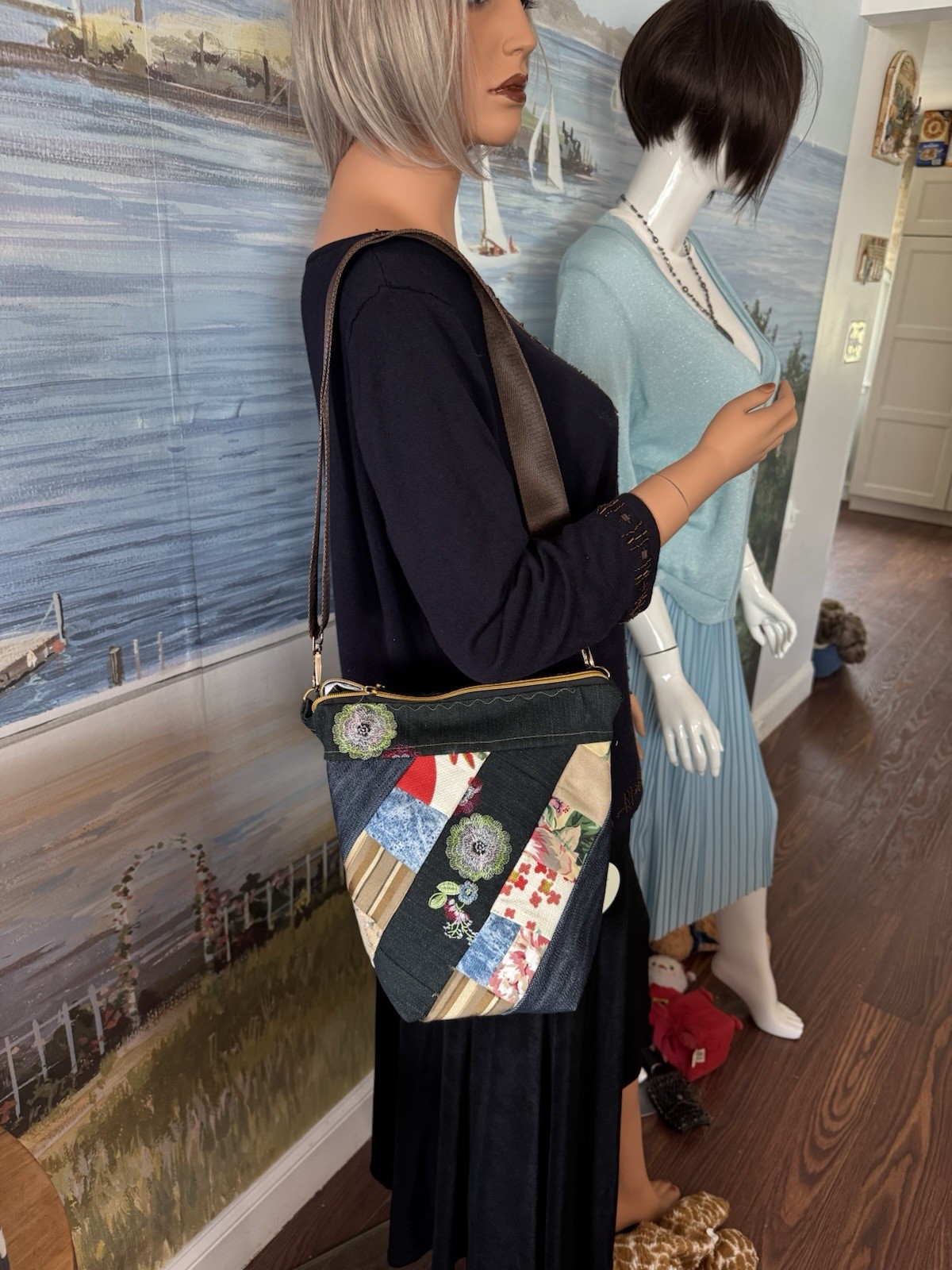 Handmade Denim Quilted Handbag Navy Blue On Blue Fkowers 262-11