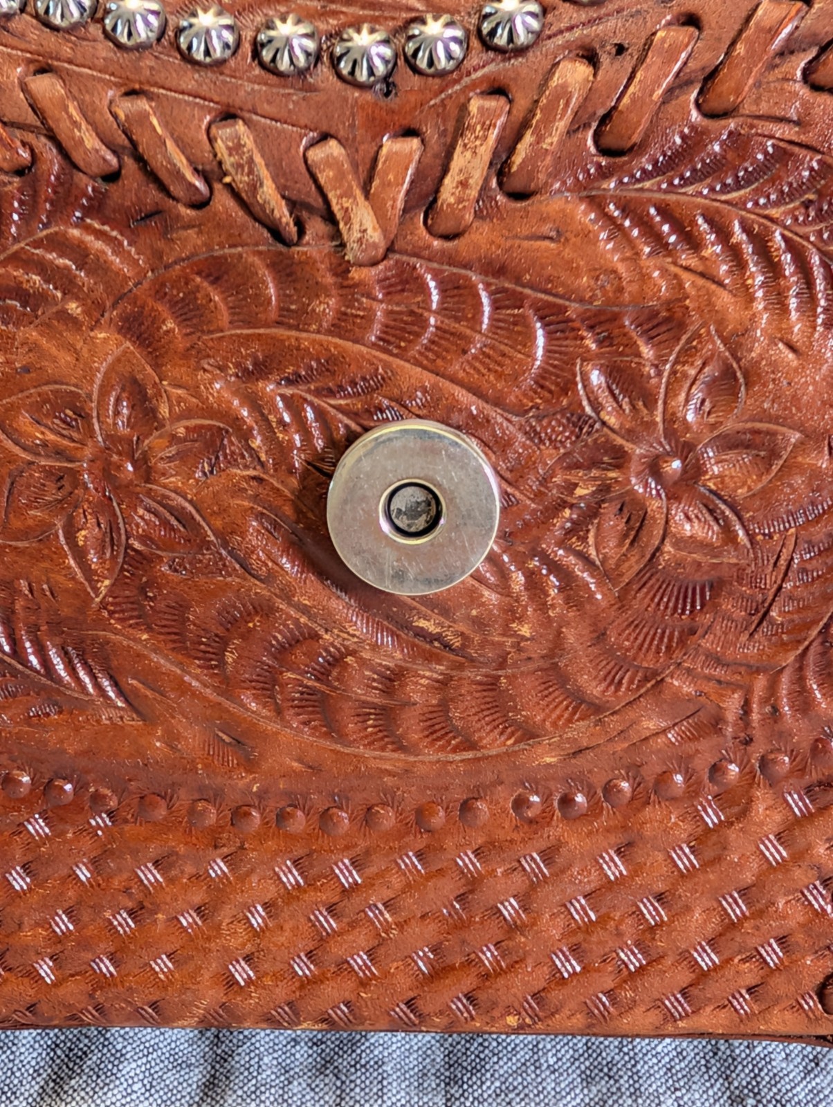 American West Brown Tooled Leather Satchel Doctor Style Silver Studs