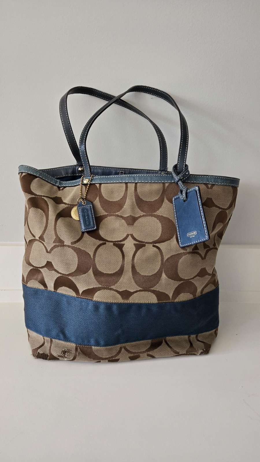 COACH Signature Brown Blue Leather Canvas Tote Bag Purse No. C06K-10125