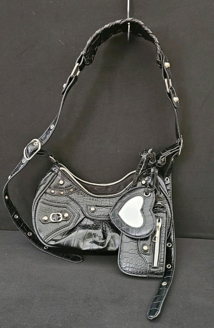 Pink Moto Shoulder Bag w/ Studs Mirror Charm & Pouch – Balnec-Inspired [B-7]