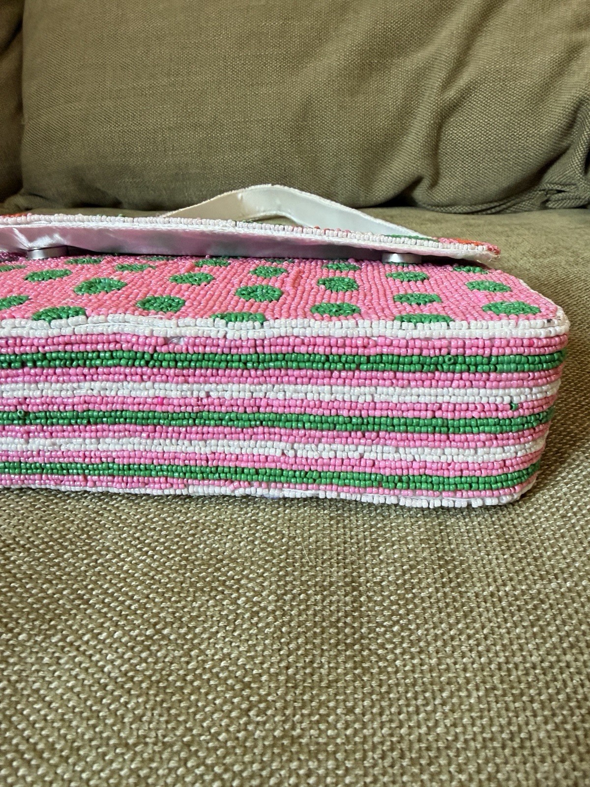 Handmade Beaded in India Shoulder Bag Striped Polka Dot Pink Green w/Charm Viral
