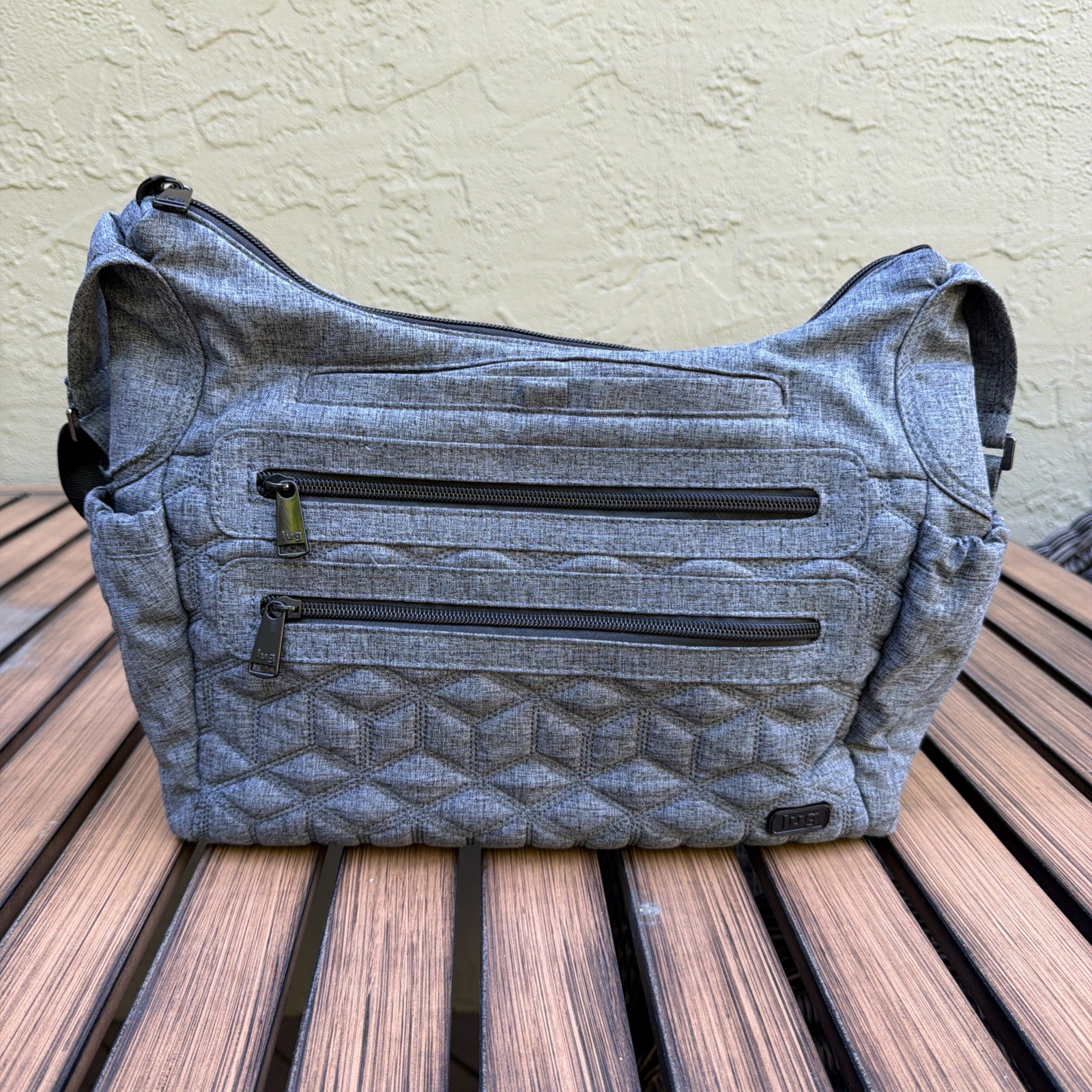 Lug Camper Utility Handbag Adjustable Straps Many Pockets Heather Gray