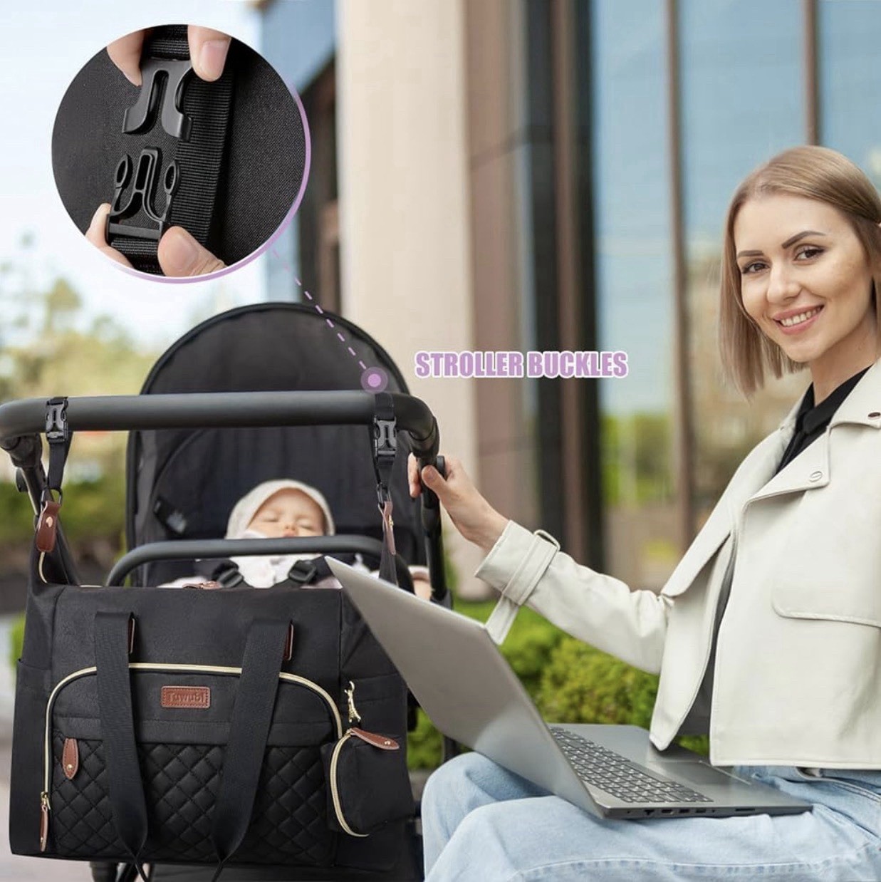 Black Quilted Carryall Tote with Brown Trim