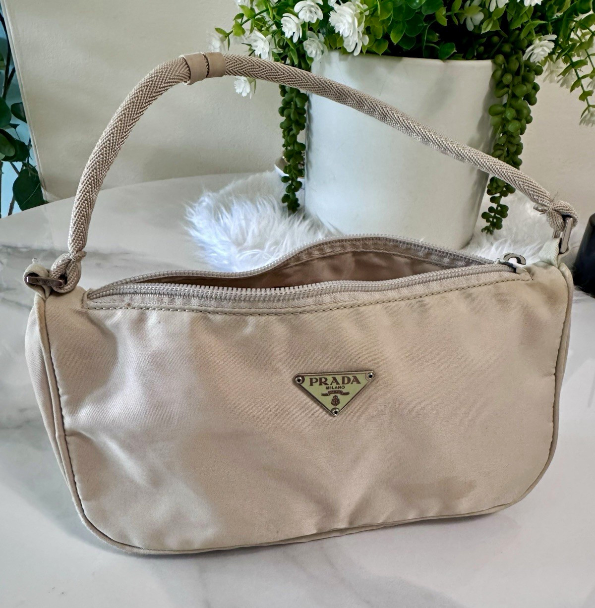 Prada Vintage Tessuto Nylon Mini Hobo Shoulder Bag Corda Ivory Made in It