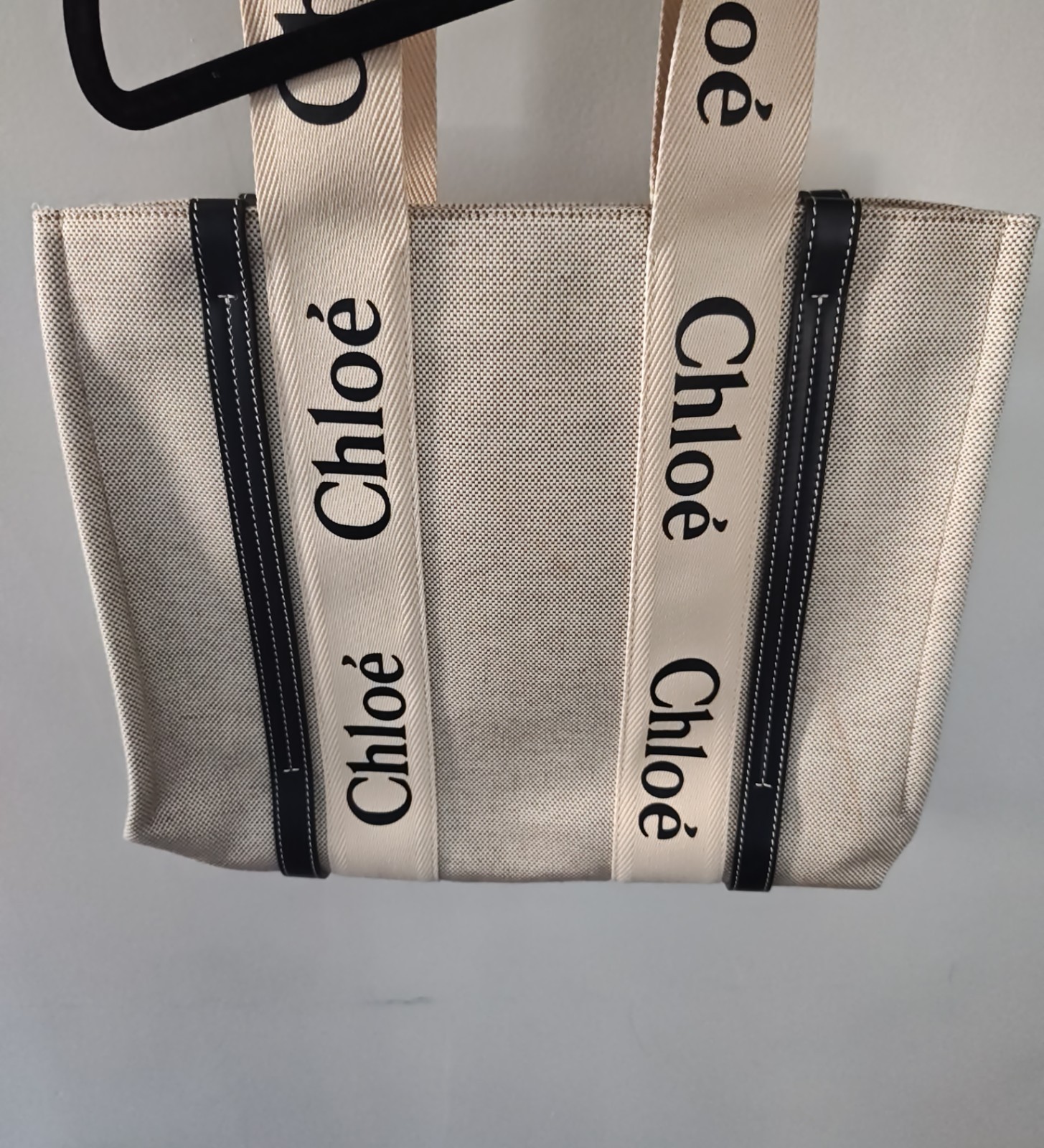 Chloe Women Beige Woody Linen Canvas Leather Trim Shopper Shoulder Tote Hand Bag