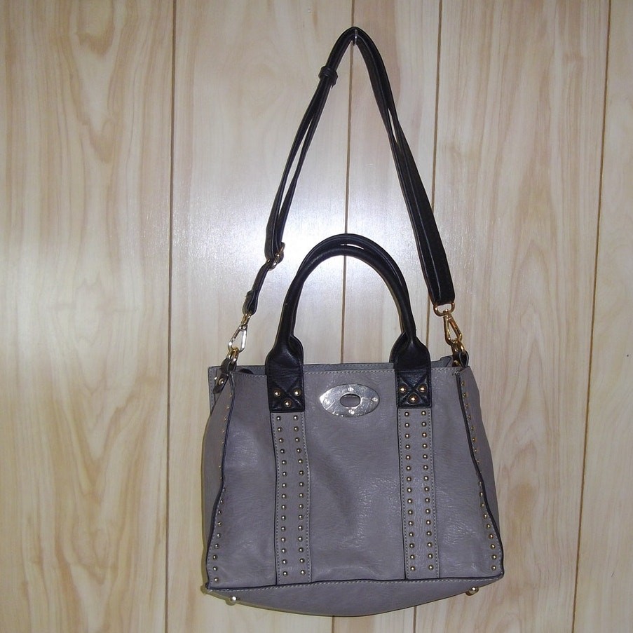 Taupe & Black Studded Accent Faux Leather Handbag or Shoulder Bag
