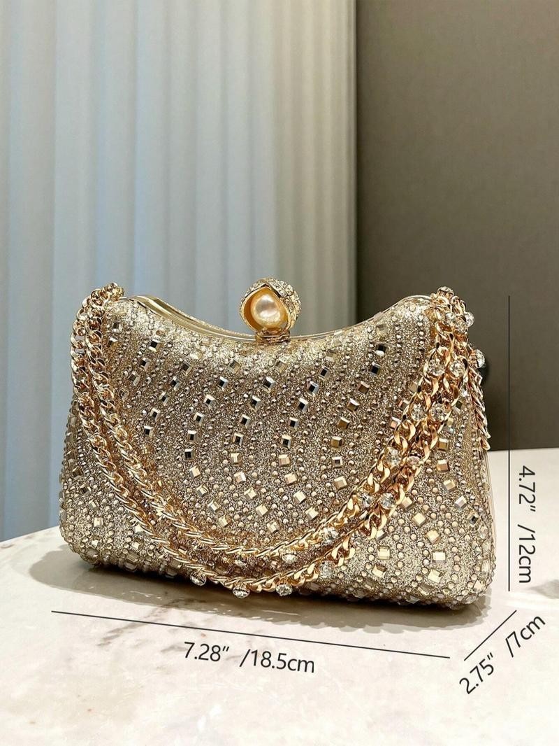 EVENING BAG- Gold Tone Rhinestone Decorated Metal Handle Clutch Purse, Luxury