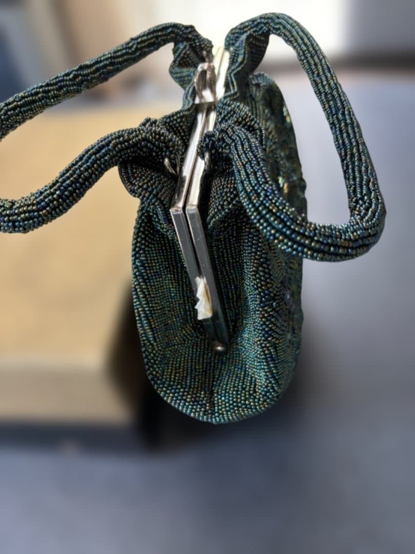 Japanese Beaded Bag Dark Green 9×6.7×6.5 Inches Un All Beads