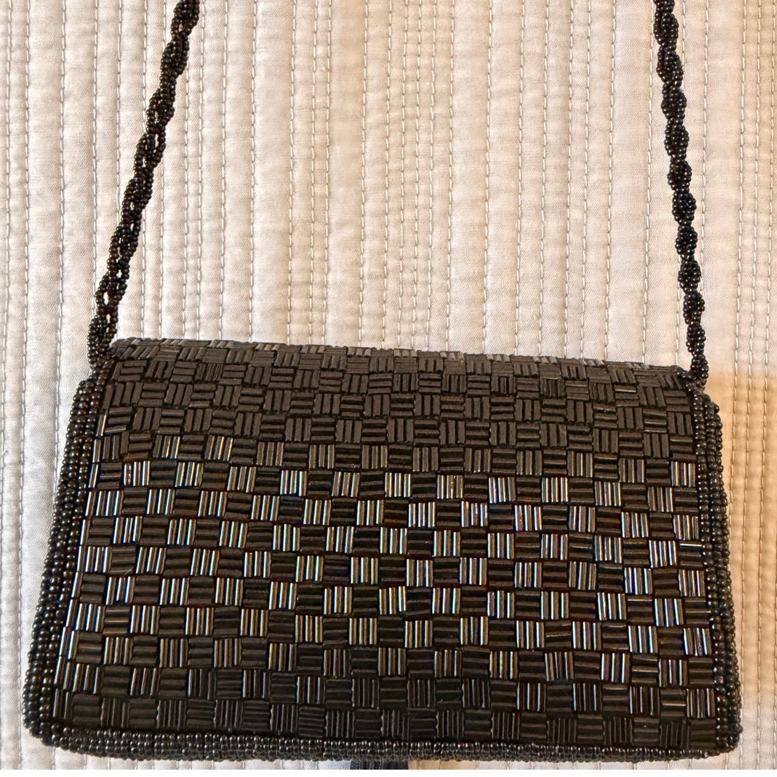 Handmade Vintage Black Beaded Tassel Crossbody Evening Bag Basketweave Clutch