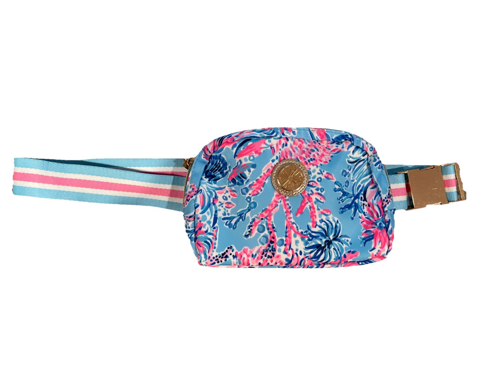 LILY PULITZER PINK AND BLUE BELT BAG WITH GOLD DETAILS