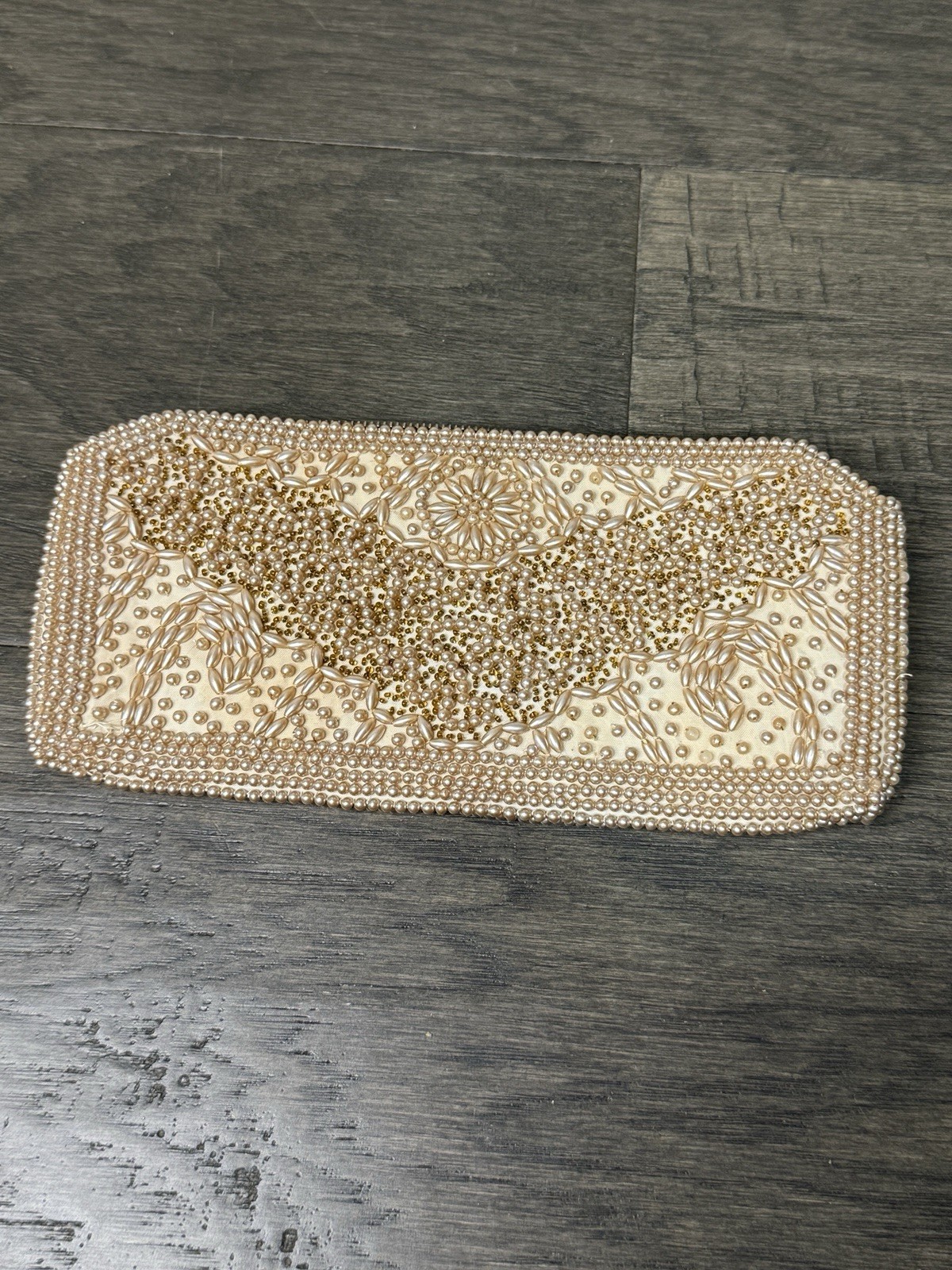 Vintage Beige Ivory Satin Micro Beaded Clutch Purse Japan Pearl Beautiful