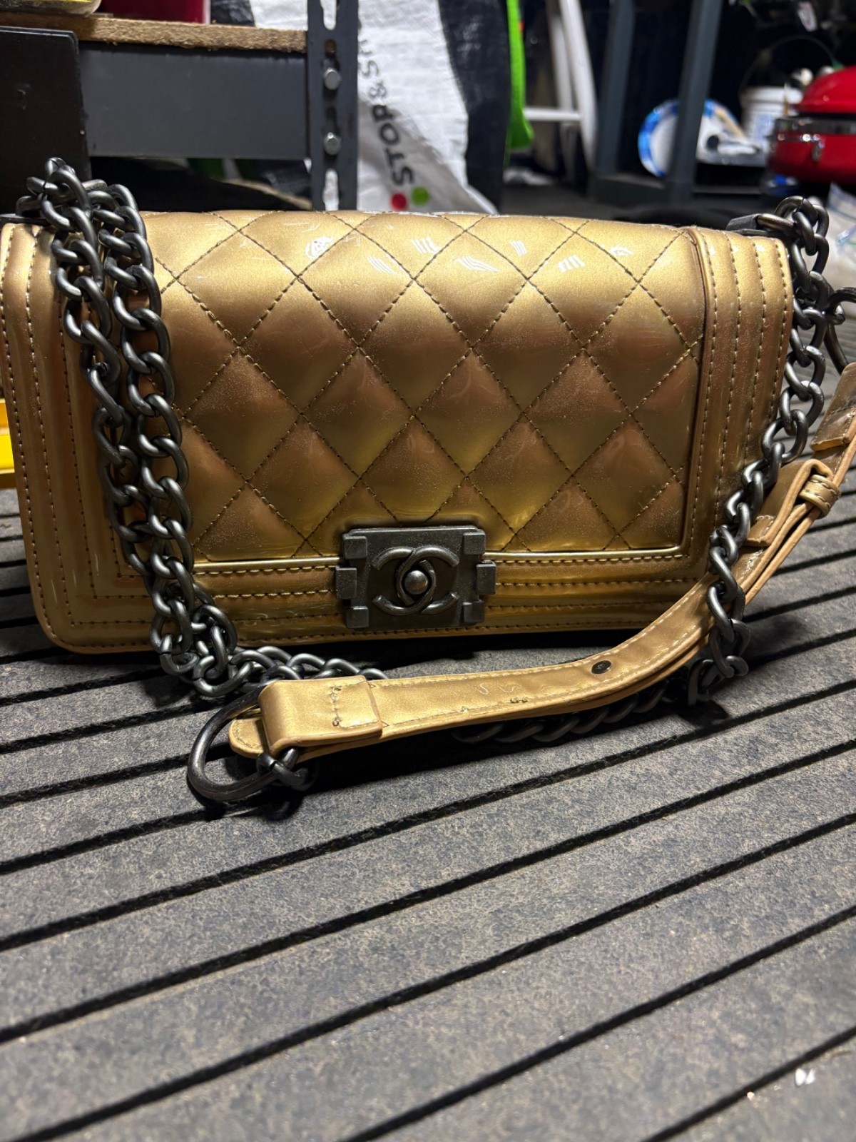 Chanel Old Medium Boy Flap Metallic Gold Patent Gunmetal HW Series 19 (2014)