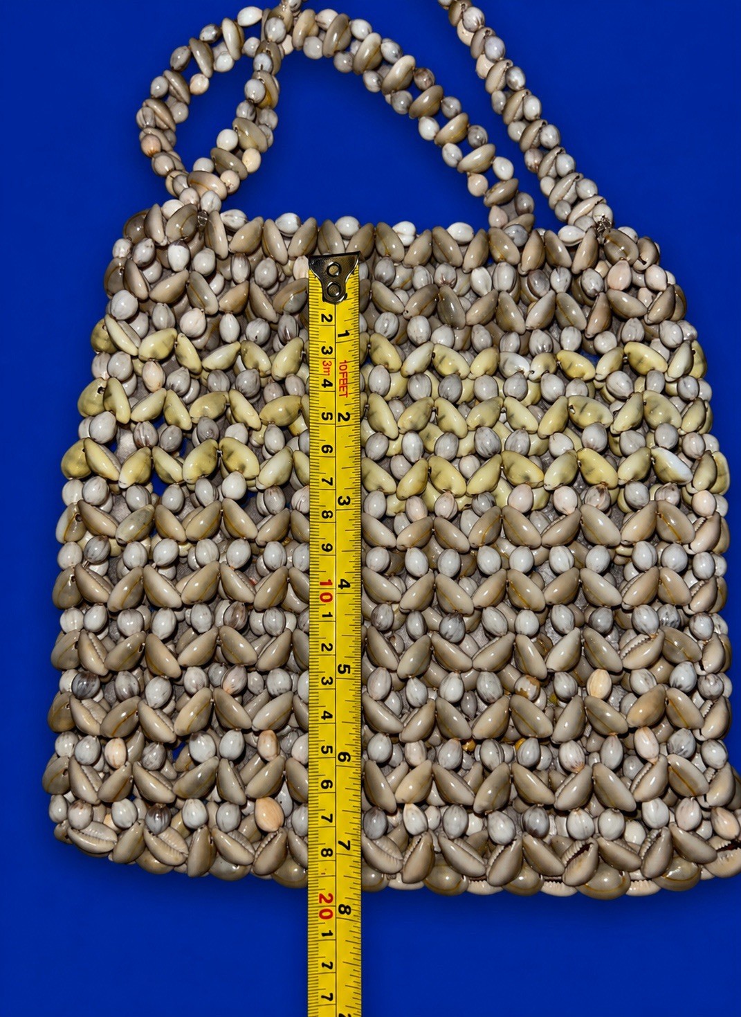 Vintage Handmade Cowrie Shell Beaded Top Handle Tote Purse Beach Boho Ivory Tan