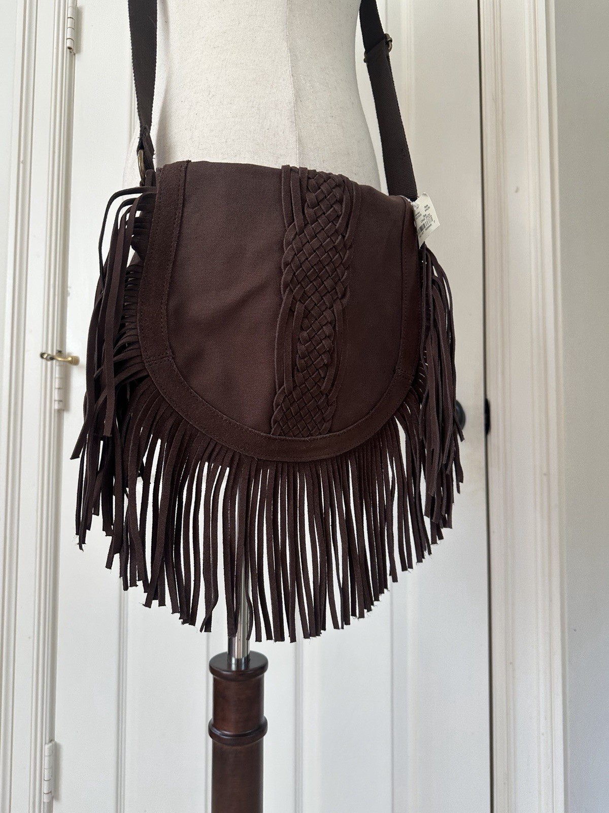 Y2K American Eagle Outfitters 2012 Leather Fringe Crossbody Purse Bag Brown Boho
