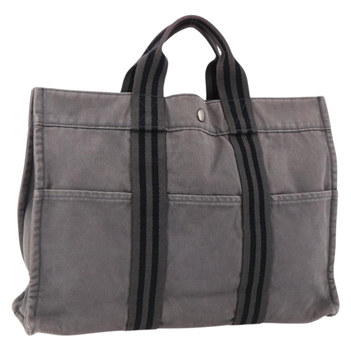 HERMES Fourre ToutMM Hand Bag Canvas Gray Silver Auth ti3707