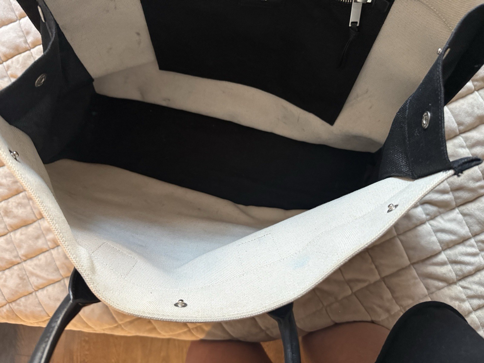 Saint Laurent Beige Black Logo Tote Top Handle Snap Closure Inner Pockets