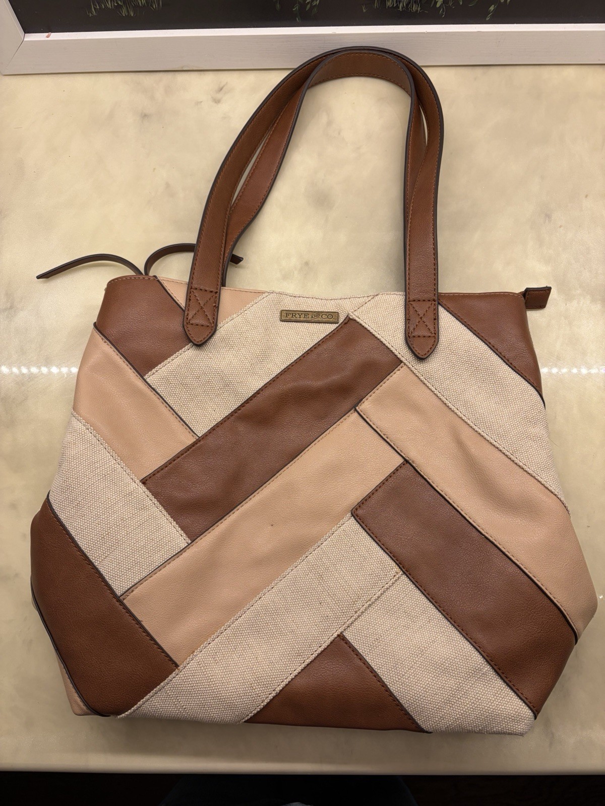 Frye and Co. Woven Tote Bag Brown Beige Zip Top Double Handles Lined Pockets