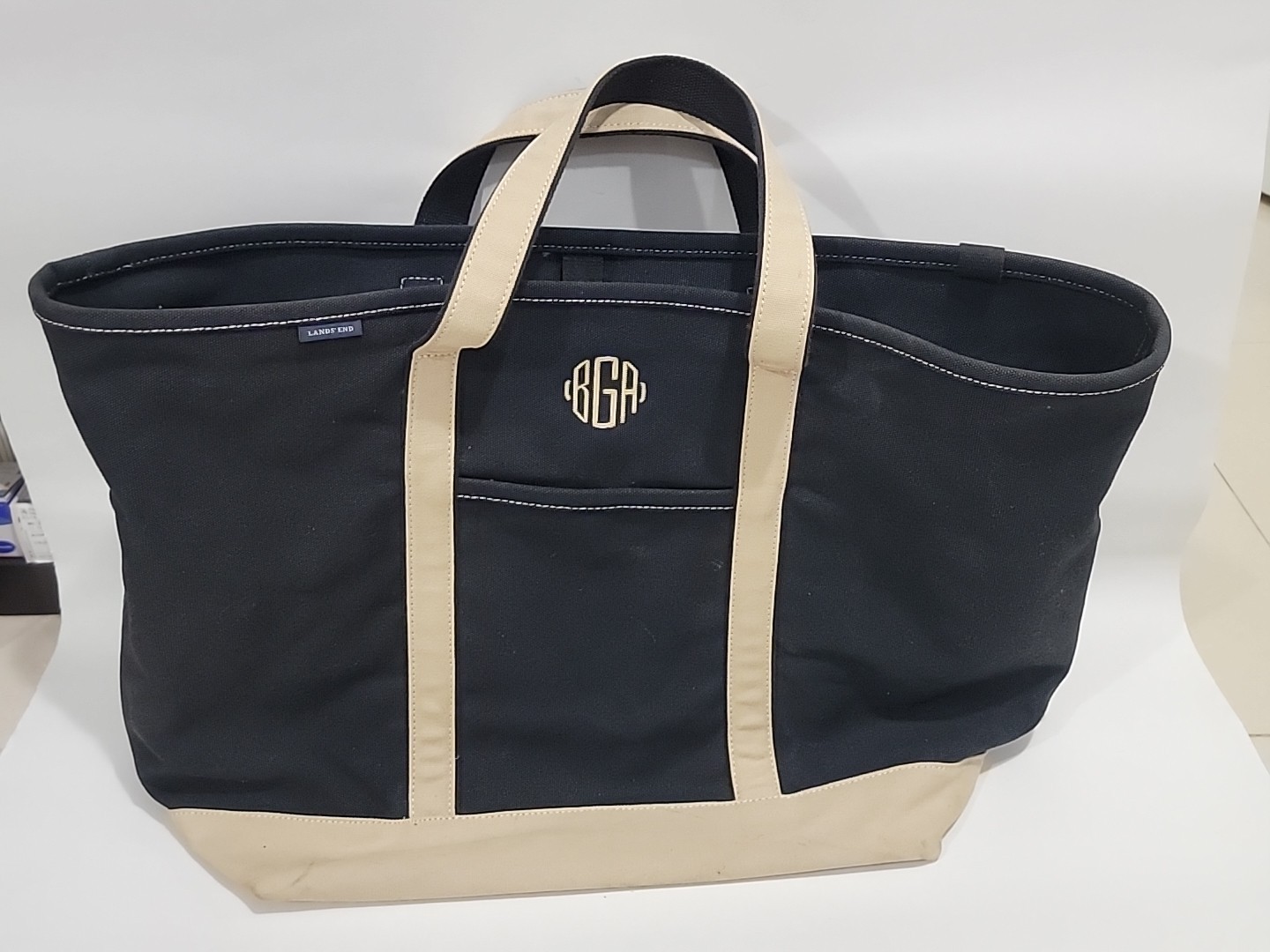VTG Lands End 26″ Extra Large Canvas Tote Bag HeavyDuty Beach Boat Blue 26x17x10