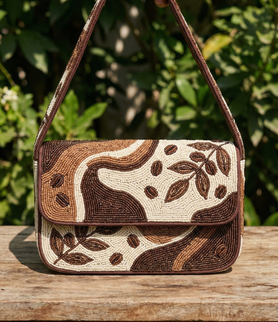 Handmade Coffee Bean Beaded Shoulder Bag Brown Cream Boho Flap Handbag Purse