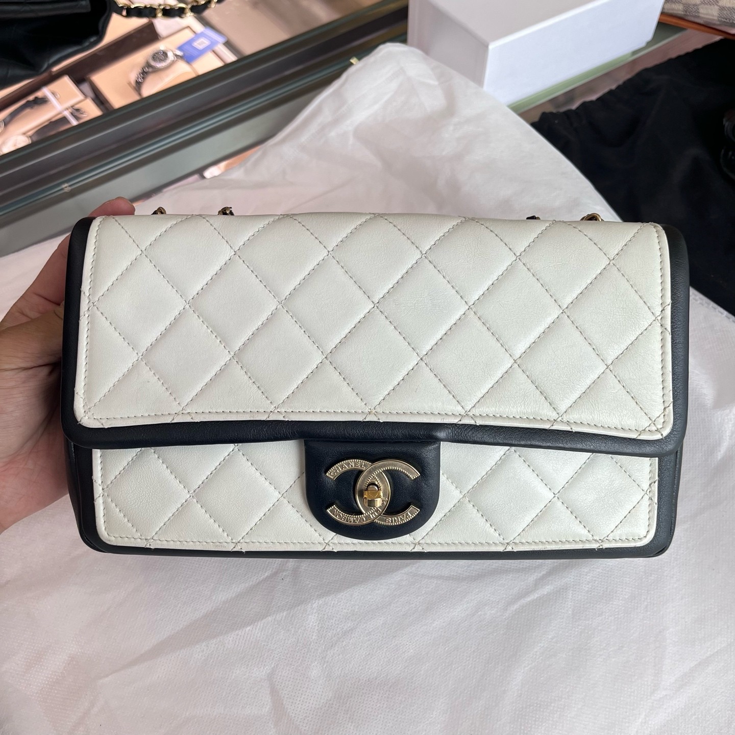 Chanel Flap Bag Normal White Black Calfskin Shoulder Crossbody Duty Paid