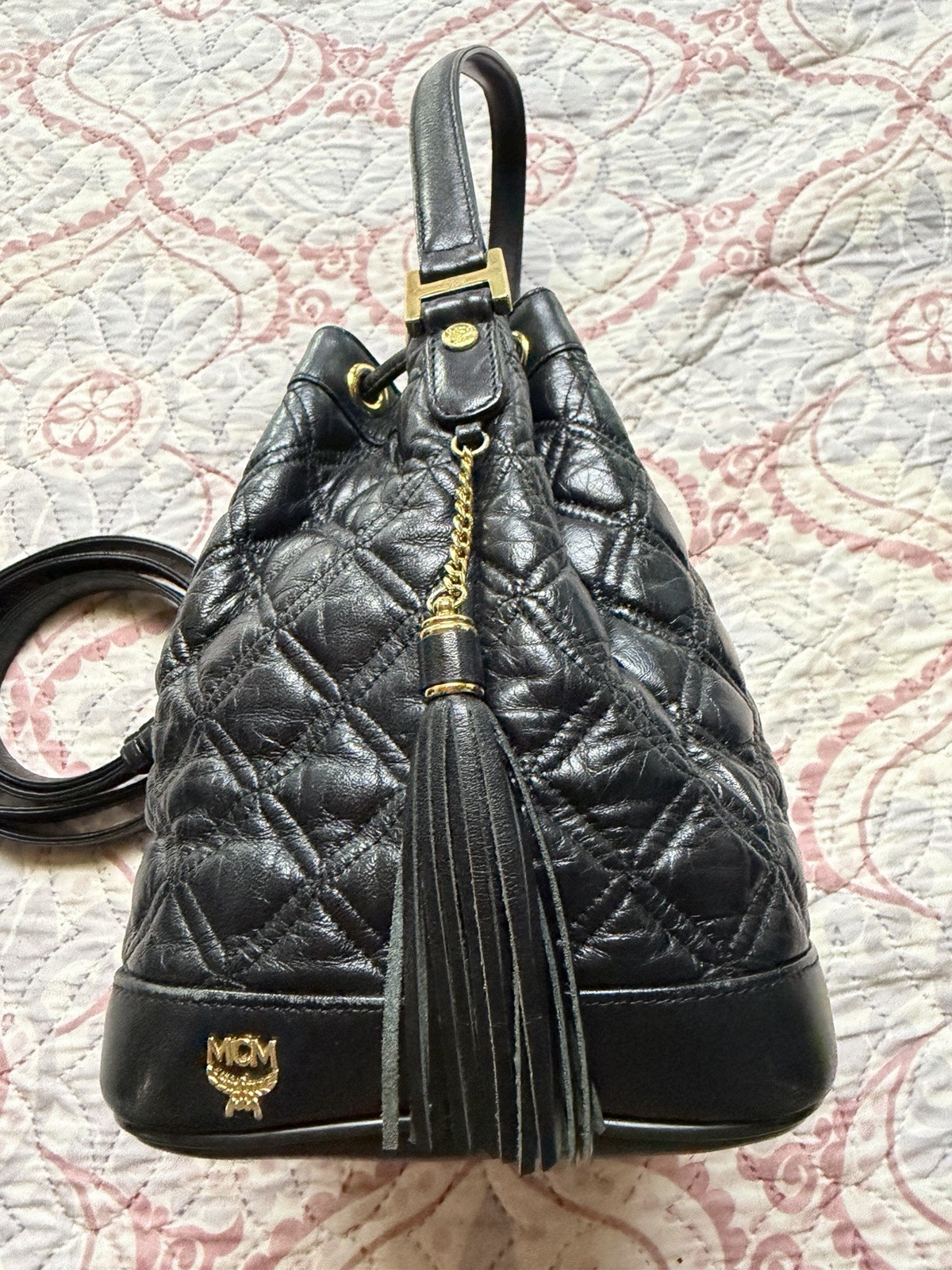 Authentic MCM Quilted Bucket /crossbody Bag vintage , with gold hardware