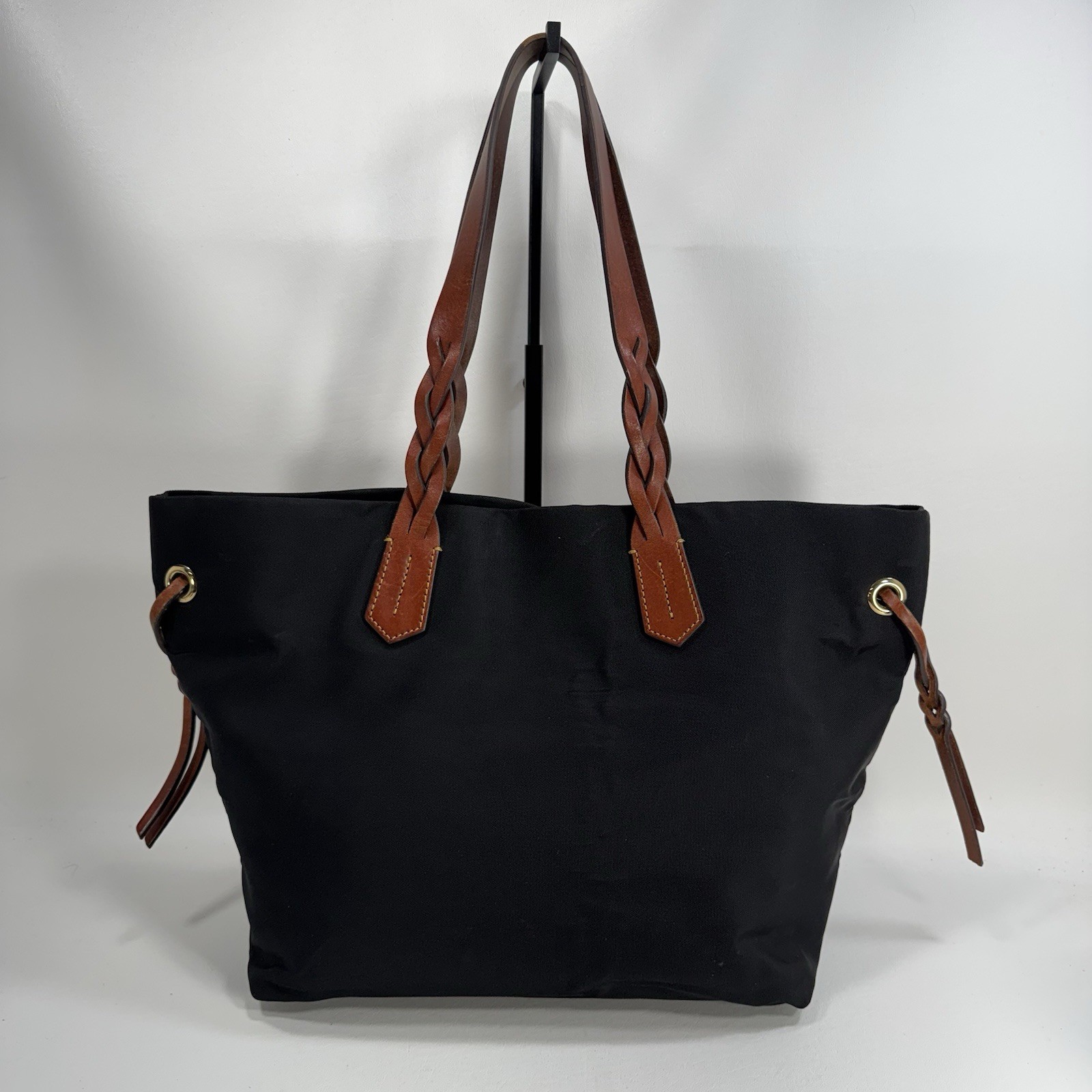Dooney & Bourke Black Nylon Shopper Tote Bag Brown Leather Braided Duck Logo