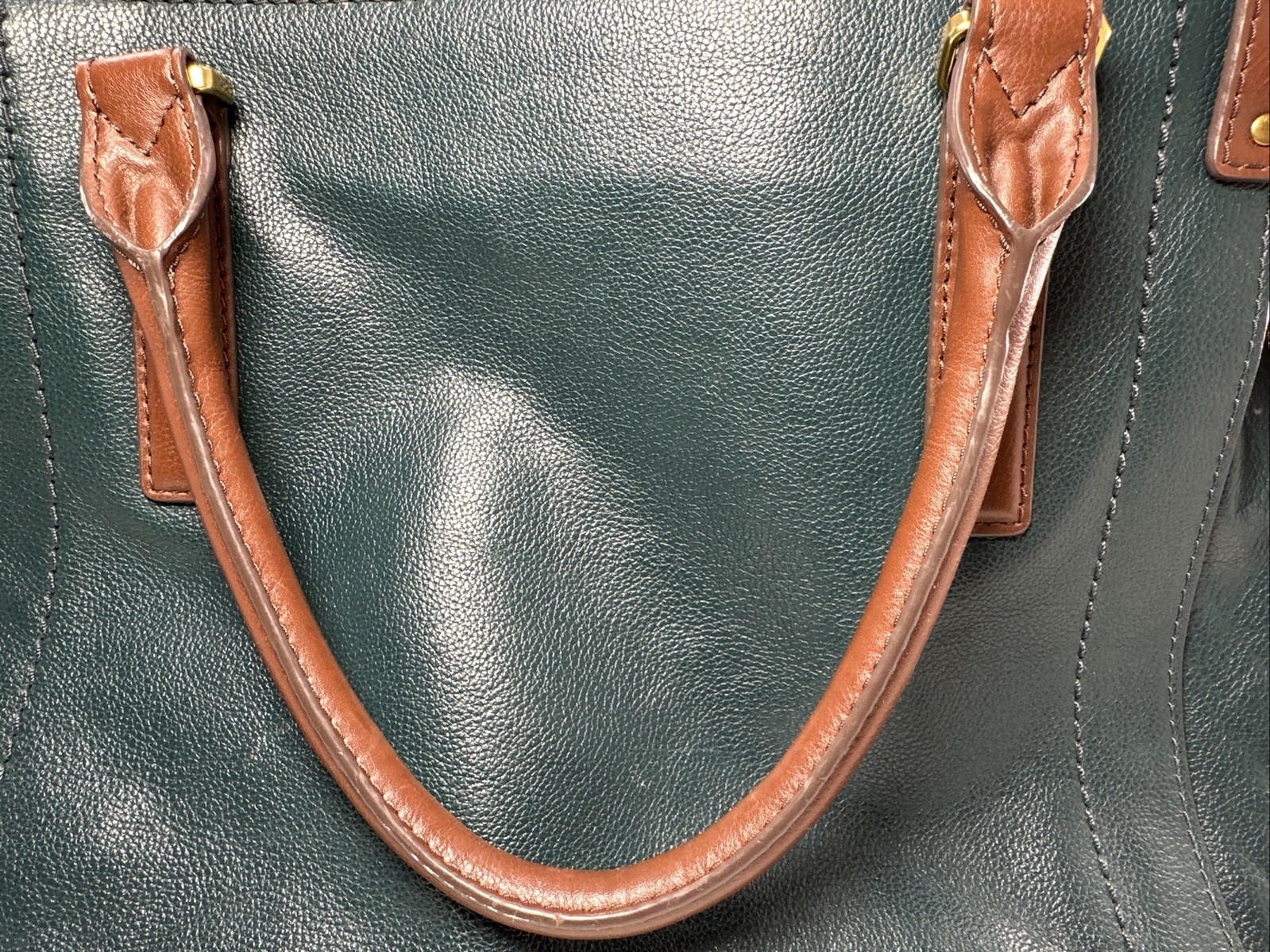 FOSSIL Claire Satchel Blue Brown Handbag Leather Zipper Double Handles Excellent