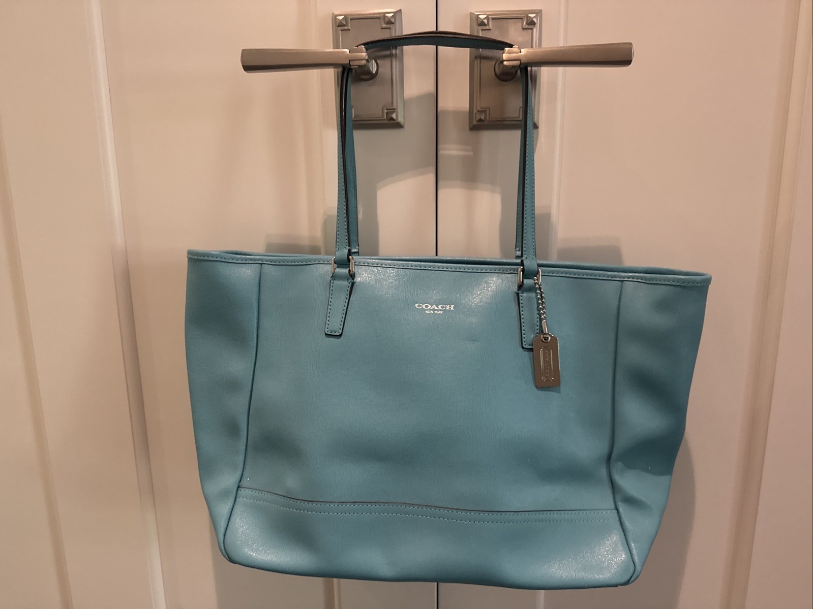 New Coach Saffiano Leather East West City Tote Style 23576 Robin’s Egg Blue