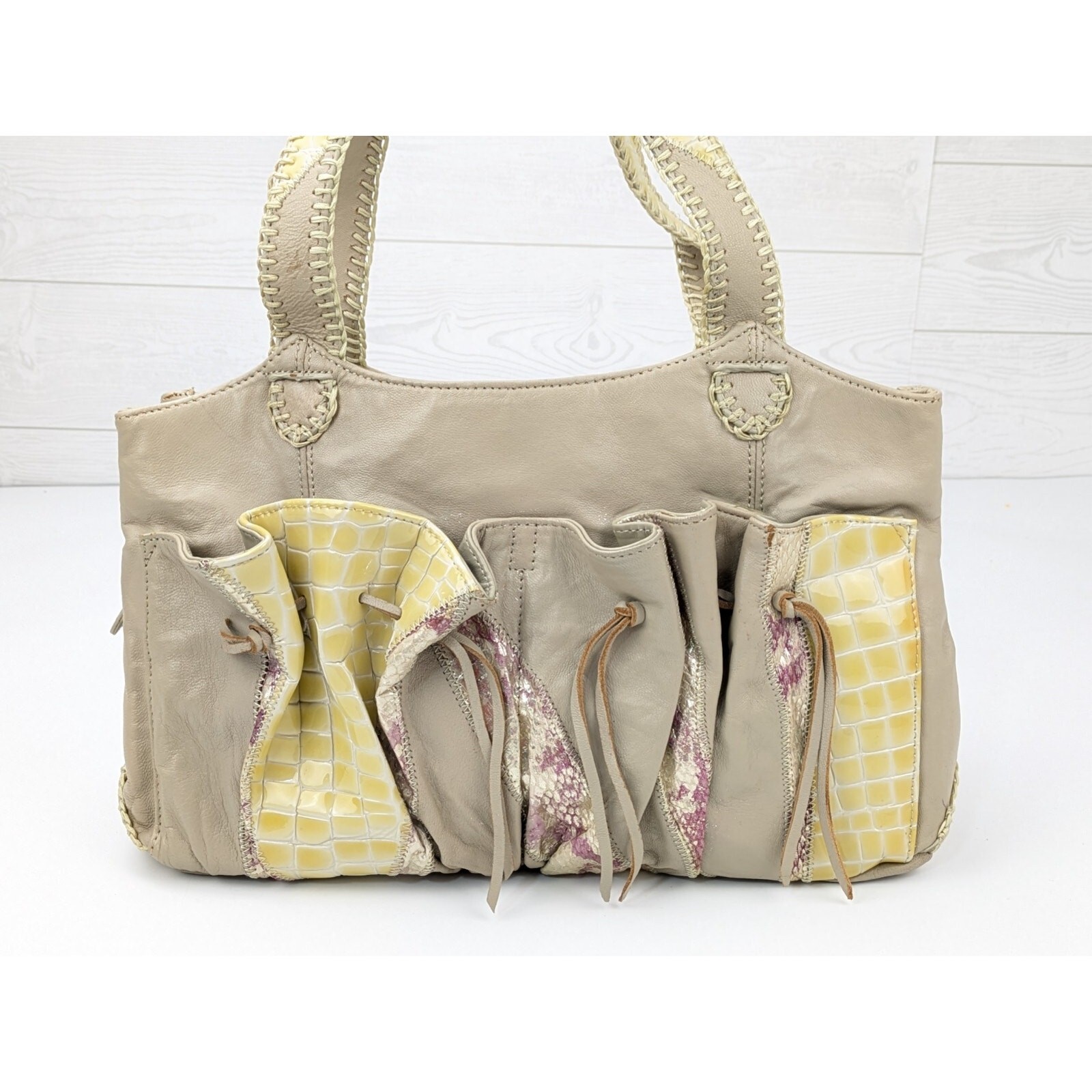Chi by Falchi Beige & Yellow Embossed Leather Shoulder Bag & Matching Mini Bag