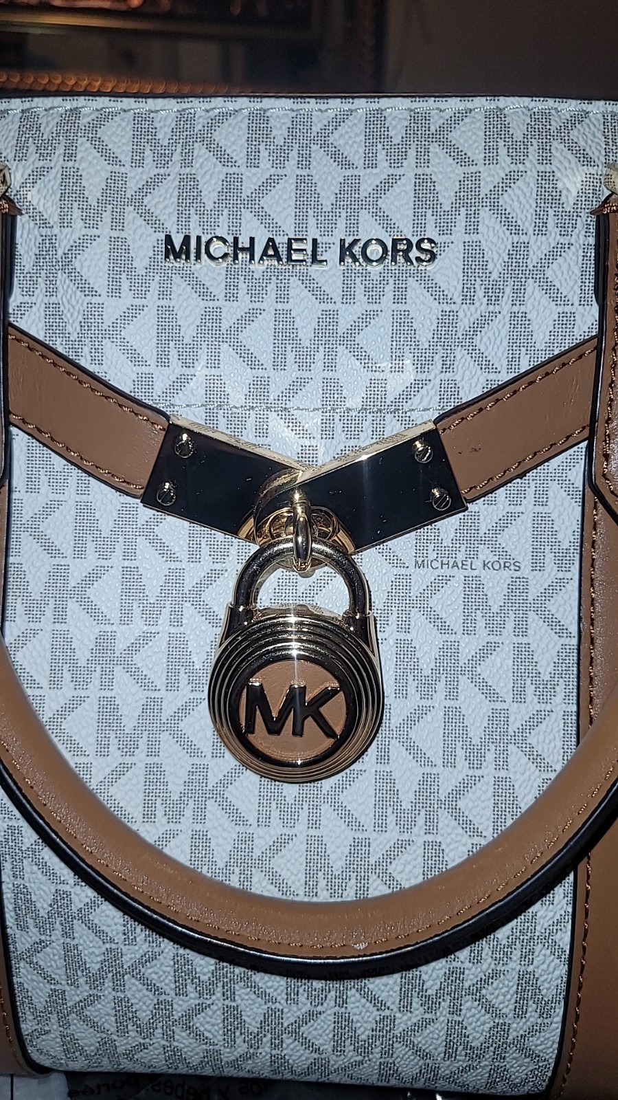 Michael Kors Nouveau Hamilton Small MK Logo Vanilla PVC & Leather Satchel Bag