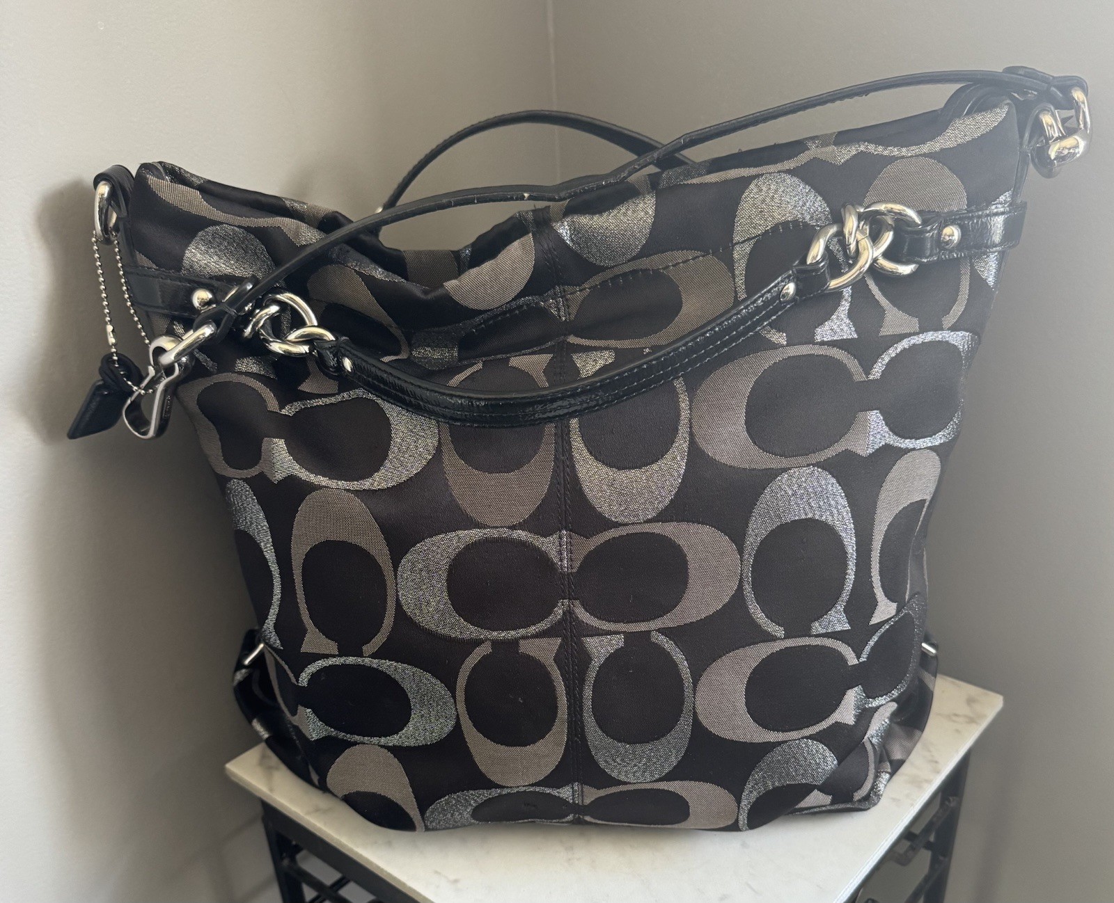 Vtg Coach Y2K 90’s Gallery Signature 3 Color Lurex Tote Bag Black/Gray/Silver 🔥