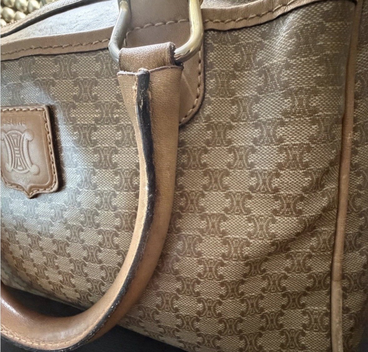 Authentic Vintage Celine Macadam Boston Bag Brown PVC Leather Satchel