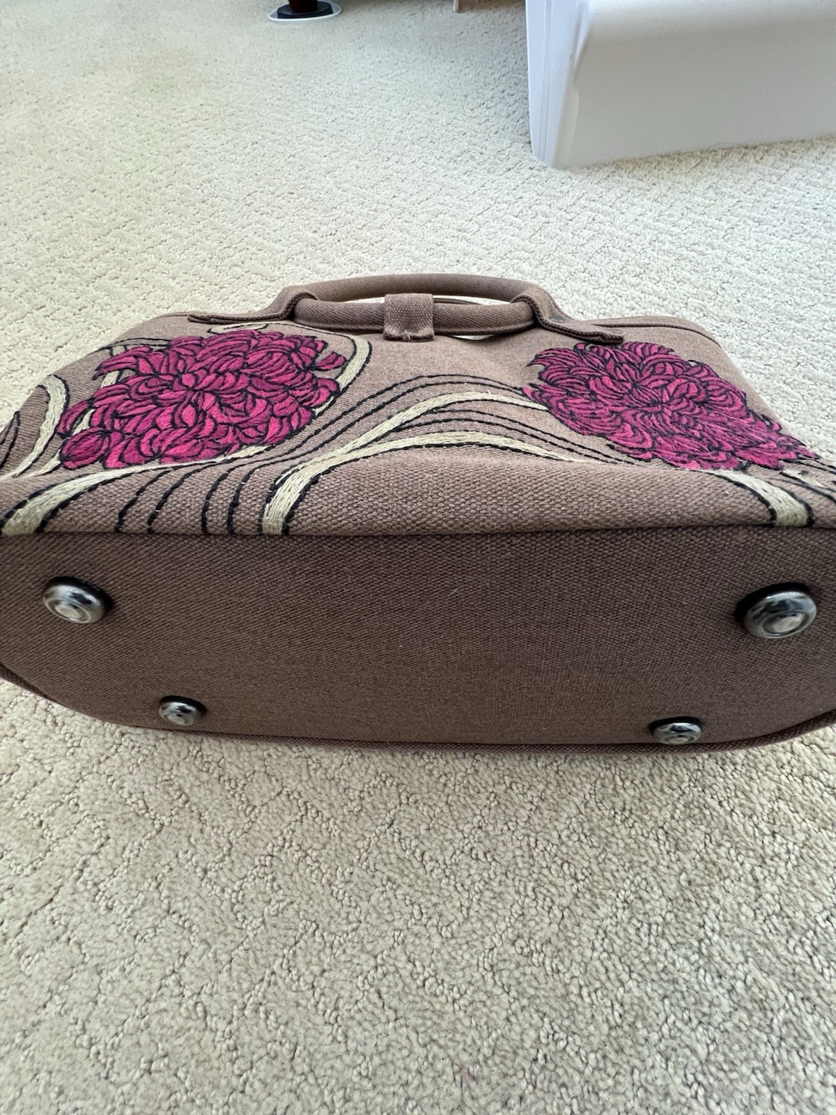Brown Top Handle Bag with Pink Floral Embroidery & Silver Hardware