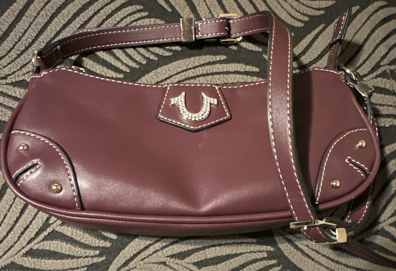 True Religion wine color with Rhinestone Logo Zip Shoulder Bag